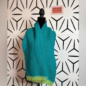 Handmade teal scarf with green eyelash edge